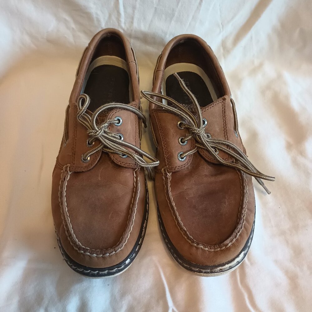 Men's Worn Sperry 2 eye breathable boat shoes size 8.5M Tan